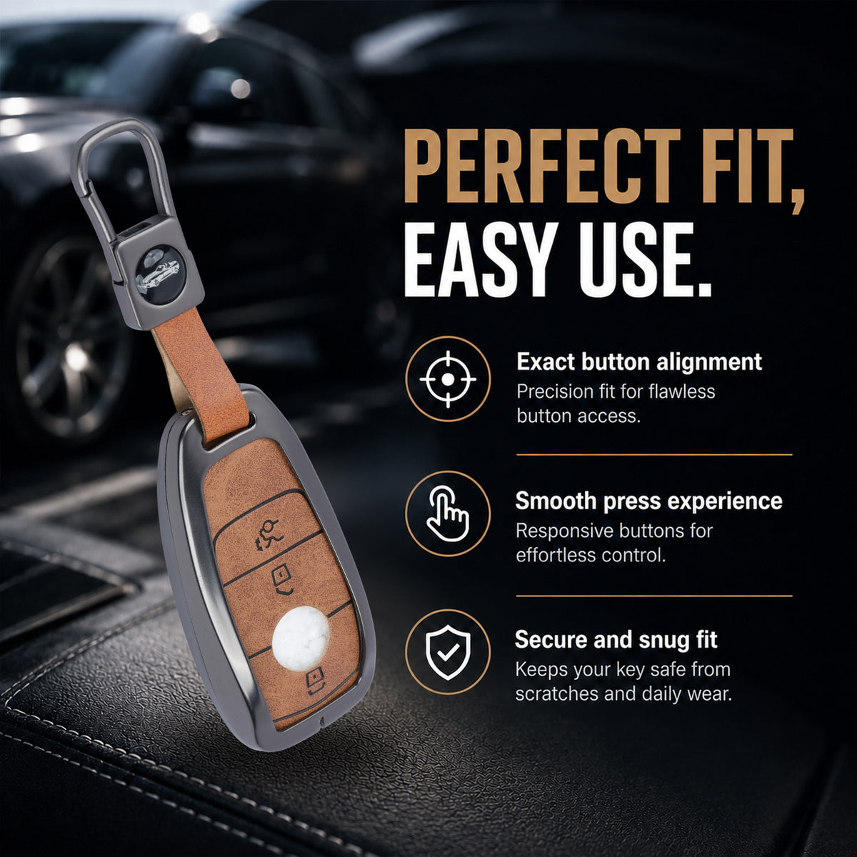 Metal Leather Brown Key Cover Compatible For Mercedes-Benz : E-Class, S-Class, A-Class, C-Class, G-Class 2020 Onwards
