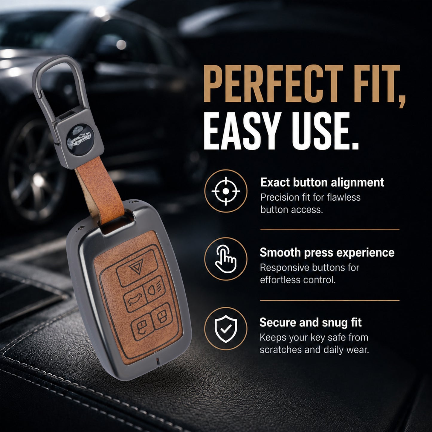 metal Leather Car Key Cover Compatible For Land Rover | Range Rover | Jaguar 5 Button Smart Key
