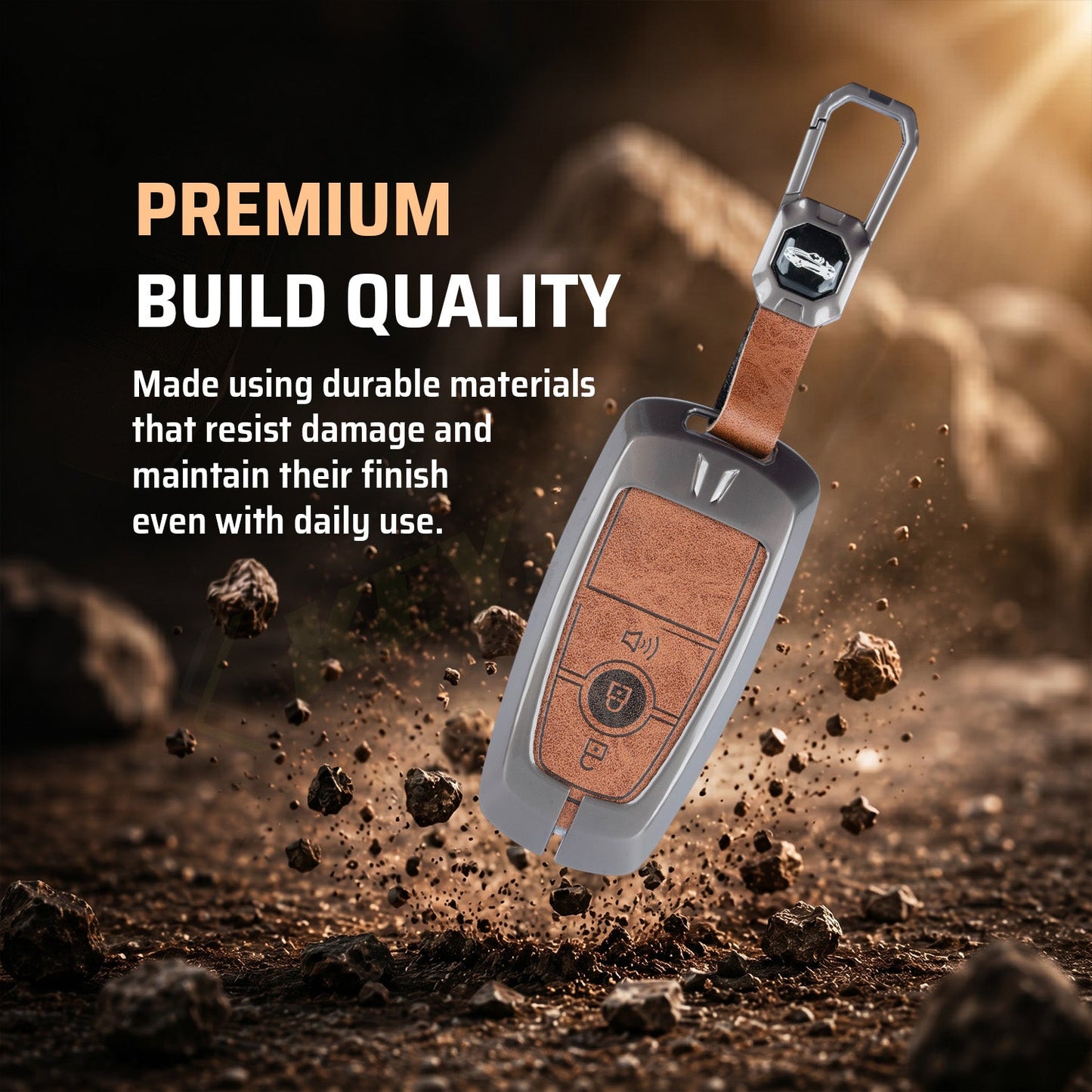 Metal Leather Car Key Cover Compatible For Ford : Figo, Aspire, Ecosport, Endeavour | 3 button Smart Key