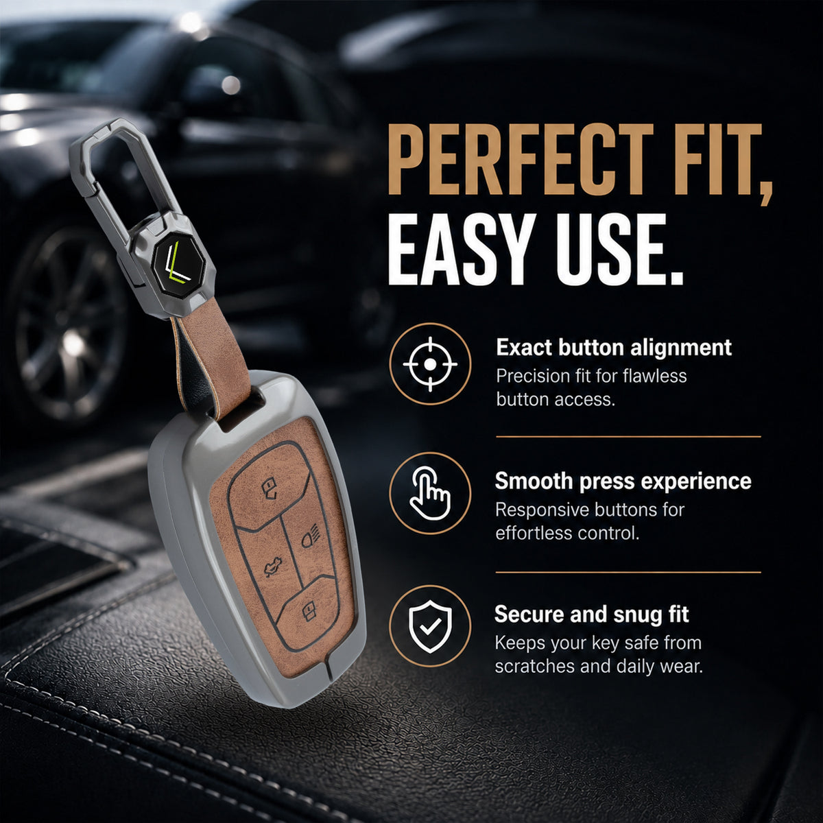 Metal Leather Brown Car Key Cover Compatible For Tata: Nexon, Harrier,Tiago, Tigor BS6, Tigor EV, Safari 2021, Altroz, Safari Gold, Gravitas, Punch