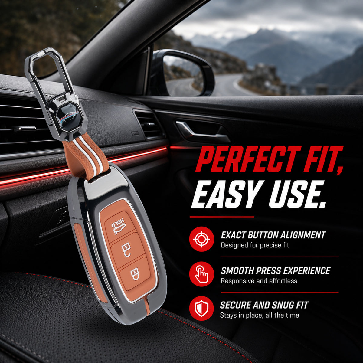 Metal Sapphire Key Cover With Key Chain Compatible with Hyundai : i20, Kona, Verna 2018 onwards (3 button smart key)