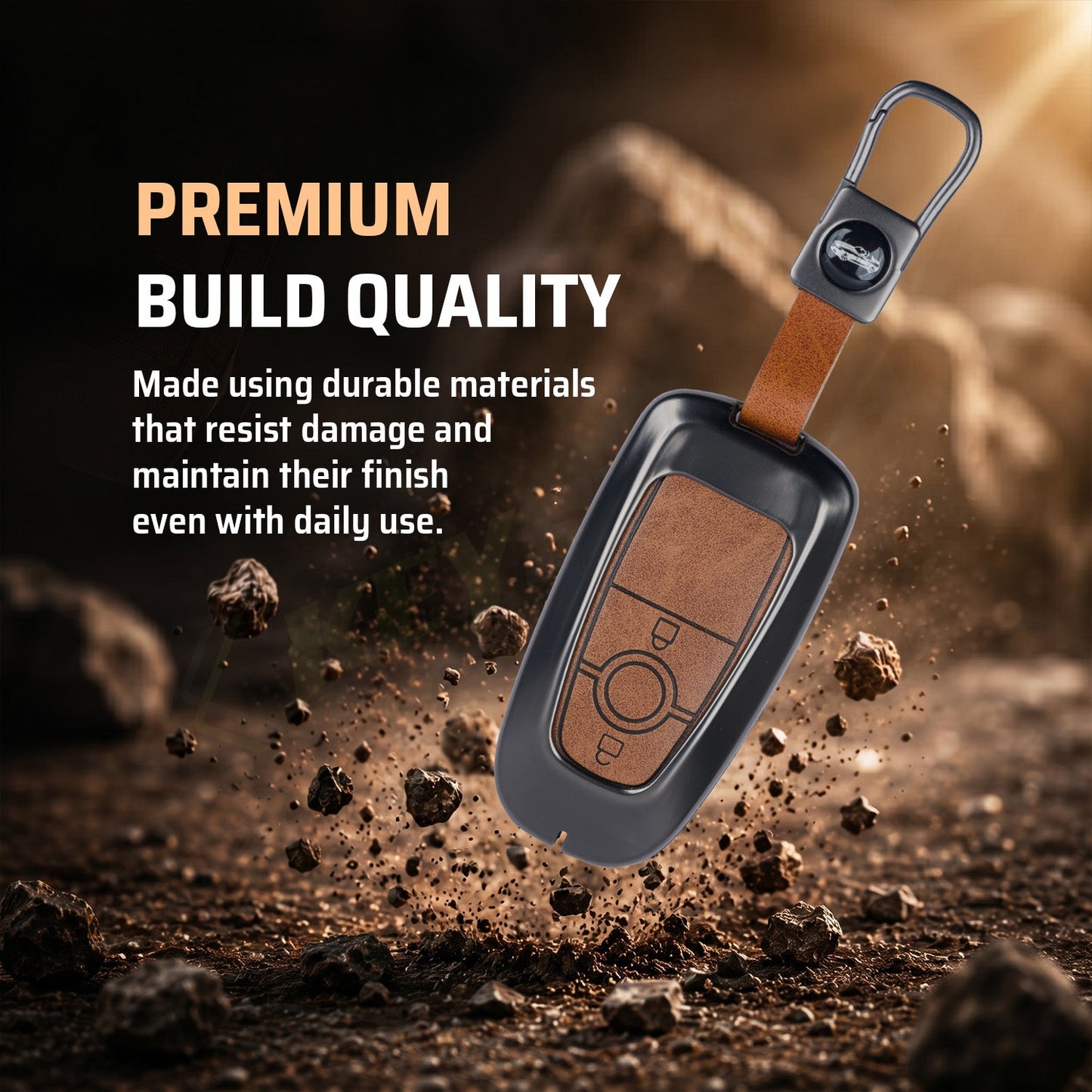 Metal Leather Key Cover Compatible for Ford Ecosport | Endeavour | Freestyle | Aspire | Figo (2 button Smart Key)