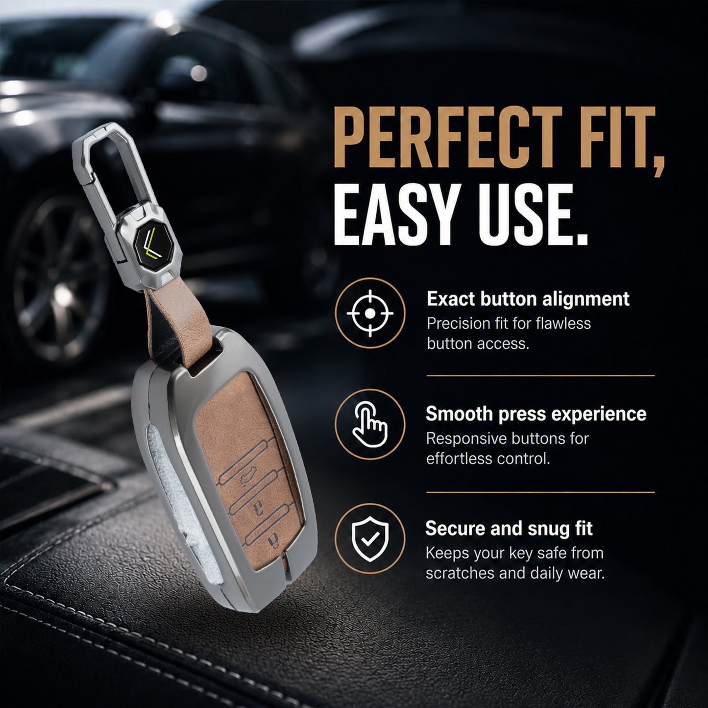 Metal Leather Brown Car Key Cover Compatible For Toyota: Innova Crysta, HyCross, Hilux, Fortuner, Legender, Land Cruiser, Camry (3 button smart key)
