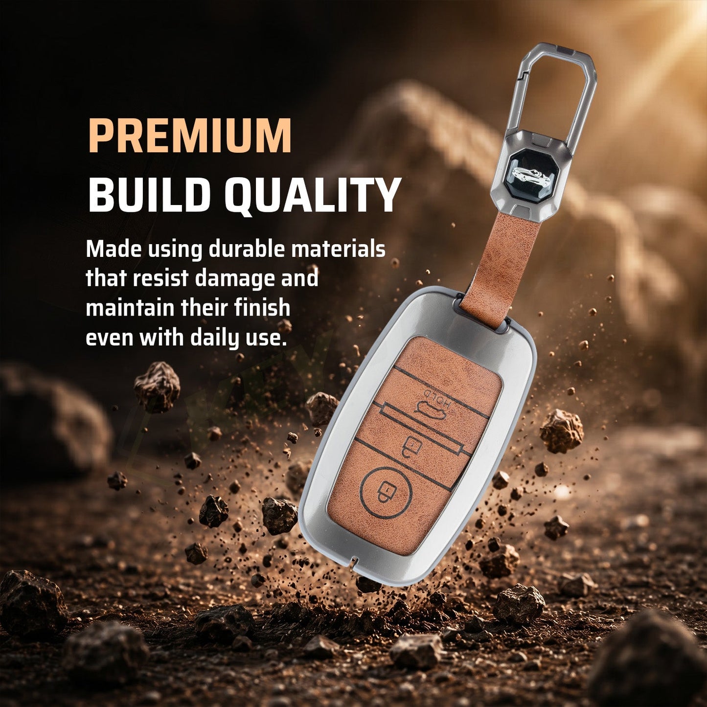 Metal Leather Brown Car Key Cover Compatible For Kia Seltos, Kia Sonet,Kia Carens,Kia Carnival (3 Button Smart Key)