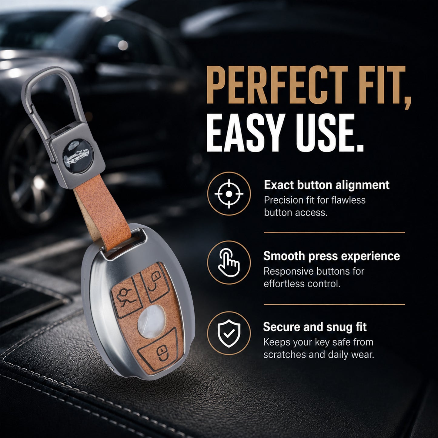 Metal Leather key cover Compatible for Mercedes Benz : GL Series | S - Class | C - Class | M - Class | 3 Button Smart Key