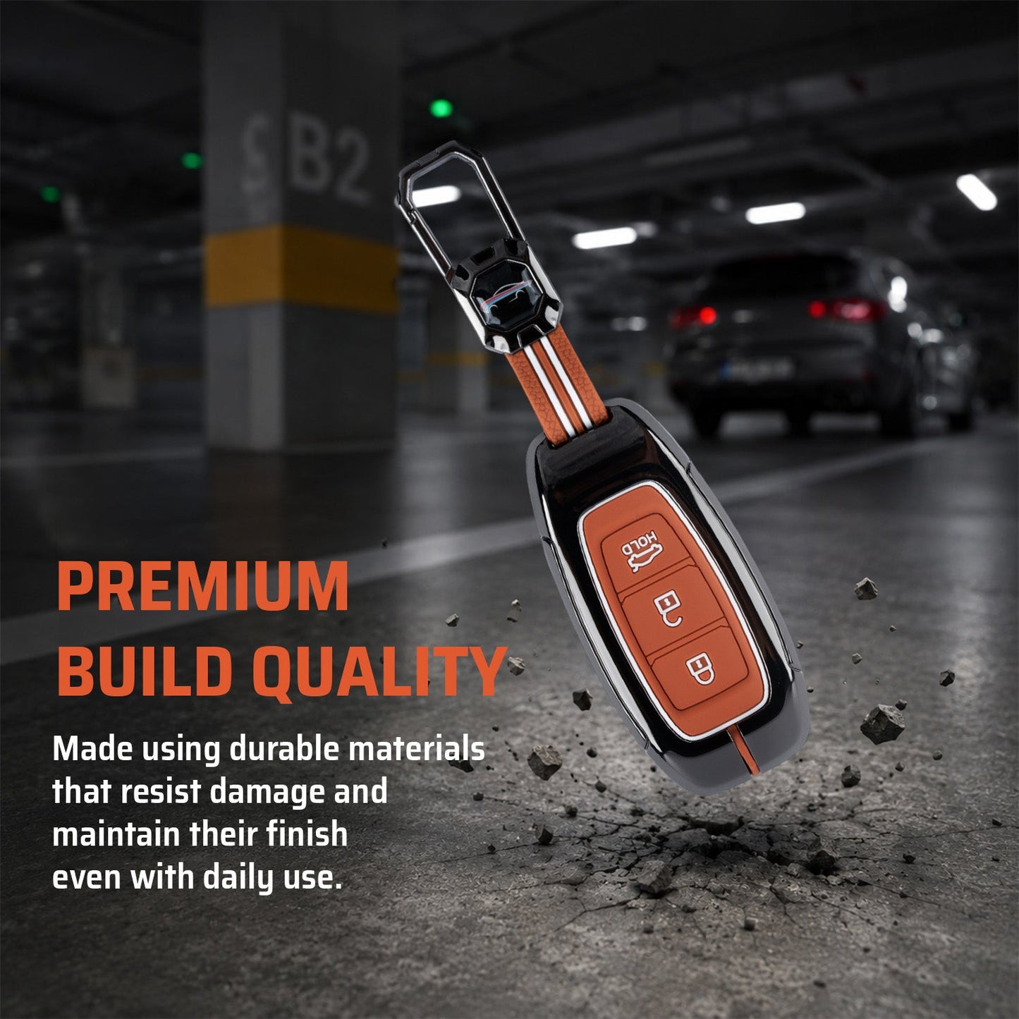 Metal Sapphire Key Cover With Key Chain Compatible with Hyundai : i20, Kona, Verna 2018 onwards (3 button smart key)