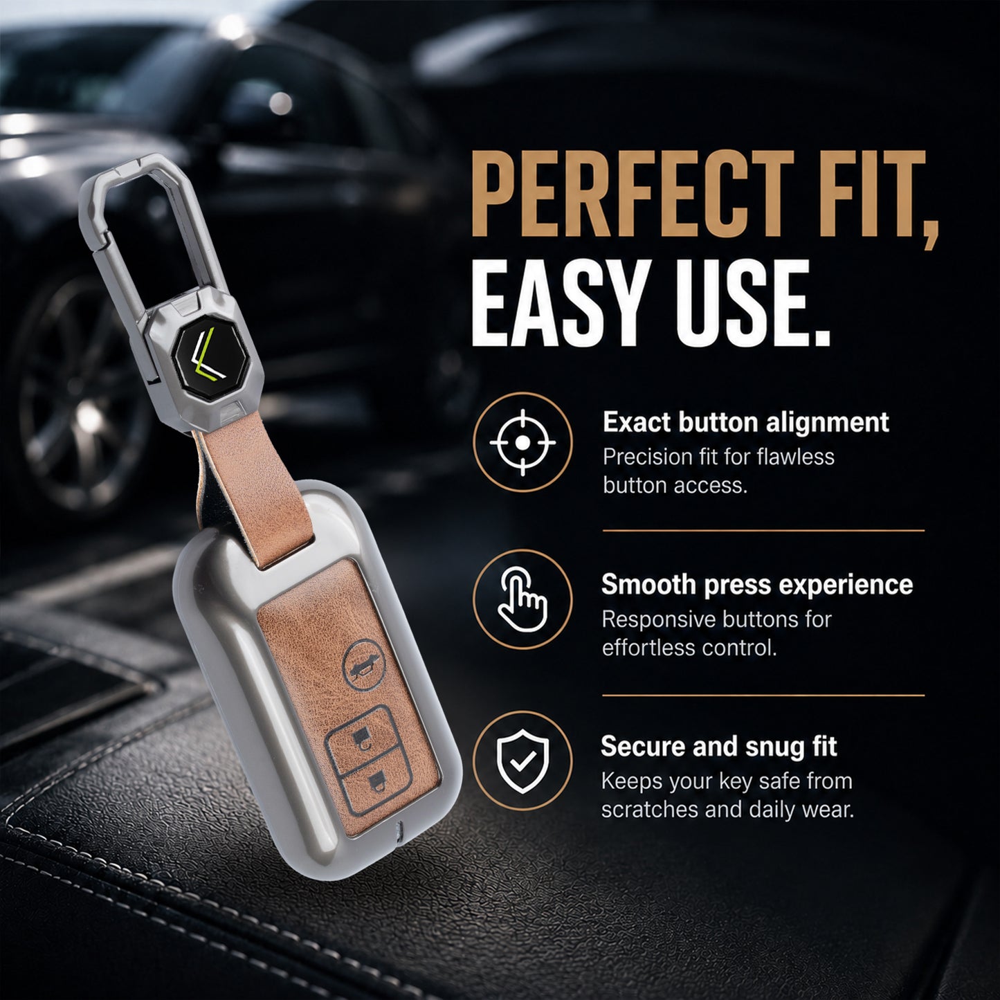 Metal Leather Brown Key Cover Compatible For Suzuki : Baleno, Swift, Ertiga, XL6, DZire, Fronx, Scross, Celerio, Ciaz, Brezza, Grand Vitara, Jimny, Ignis