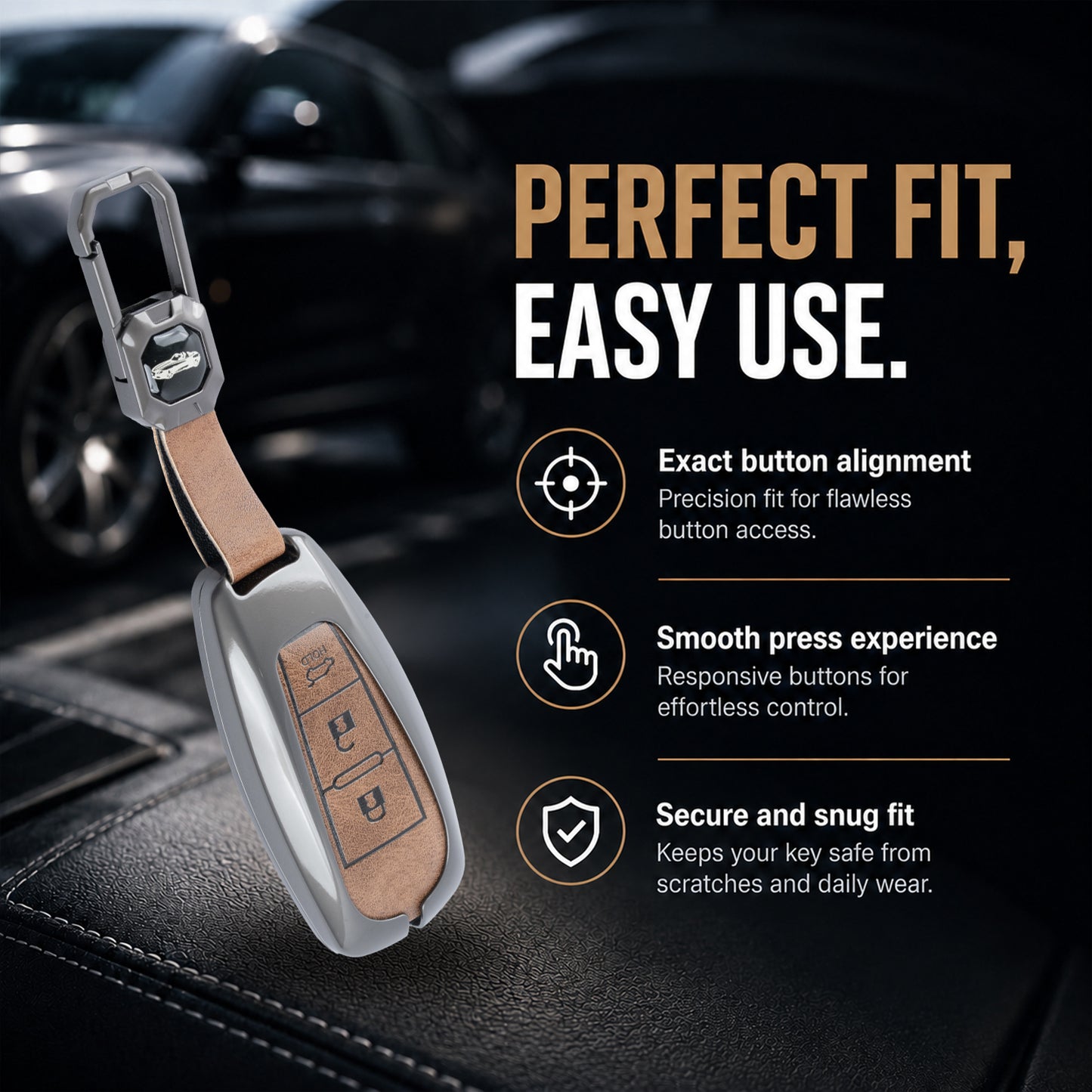 Metal Leather Brown Car Key Cover Compatible For Suzuki: Baleno, Ciaz, Grand Vitara, Brezza, S Cross, Swift, Ignis, XL6, Fronx, Jimny, Grand Vitara