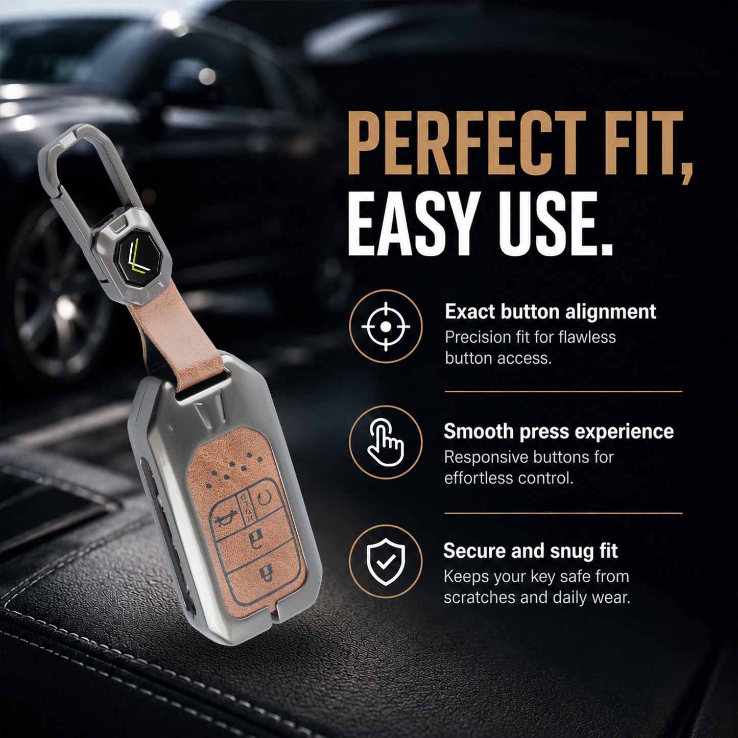Metal Leather Brown Car Key Cover Compatible For Honda : City, Civic, Jazz, Brio, Amaze, Cr-v, Wr-v, Br-v, Mobilio (4B Smart Key)