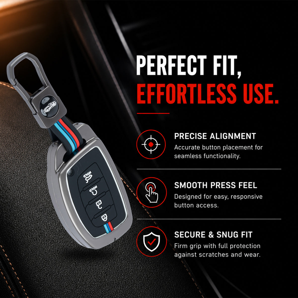 Metal Silicone Key Cover Compatible for Hyundai: Alcazar, Creta 2021 onwards (4 button smart key)