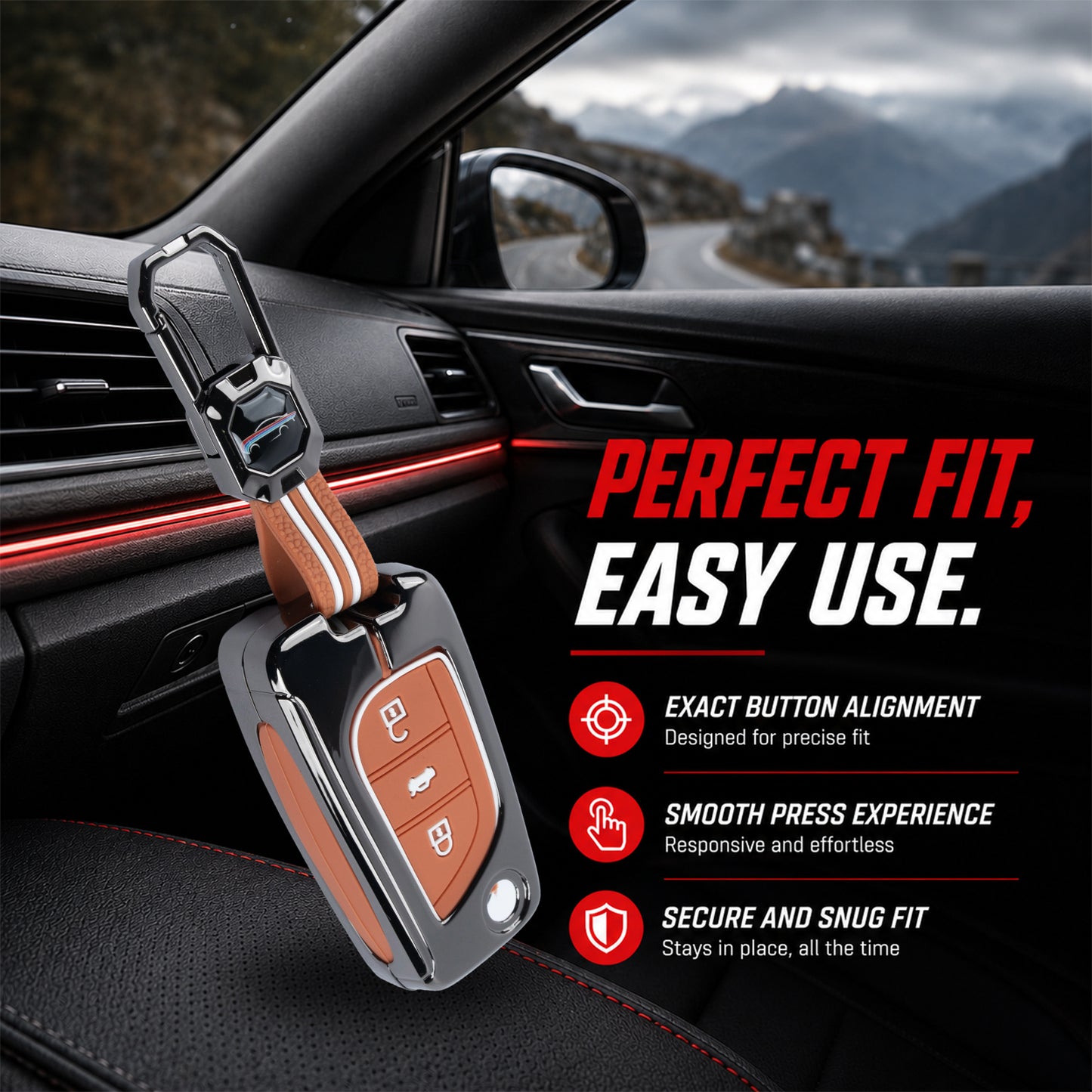 Metal Sapphire Key Cover With Key Chain Compatible with Toyota: Innova Crysta, Corolla Altis. (3 button flip key)