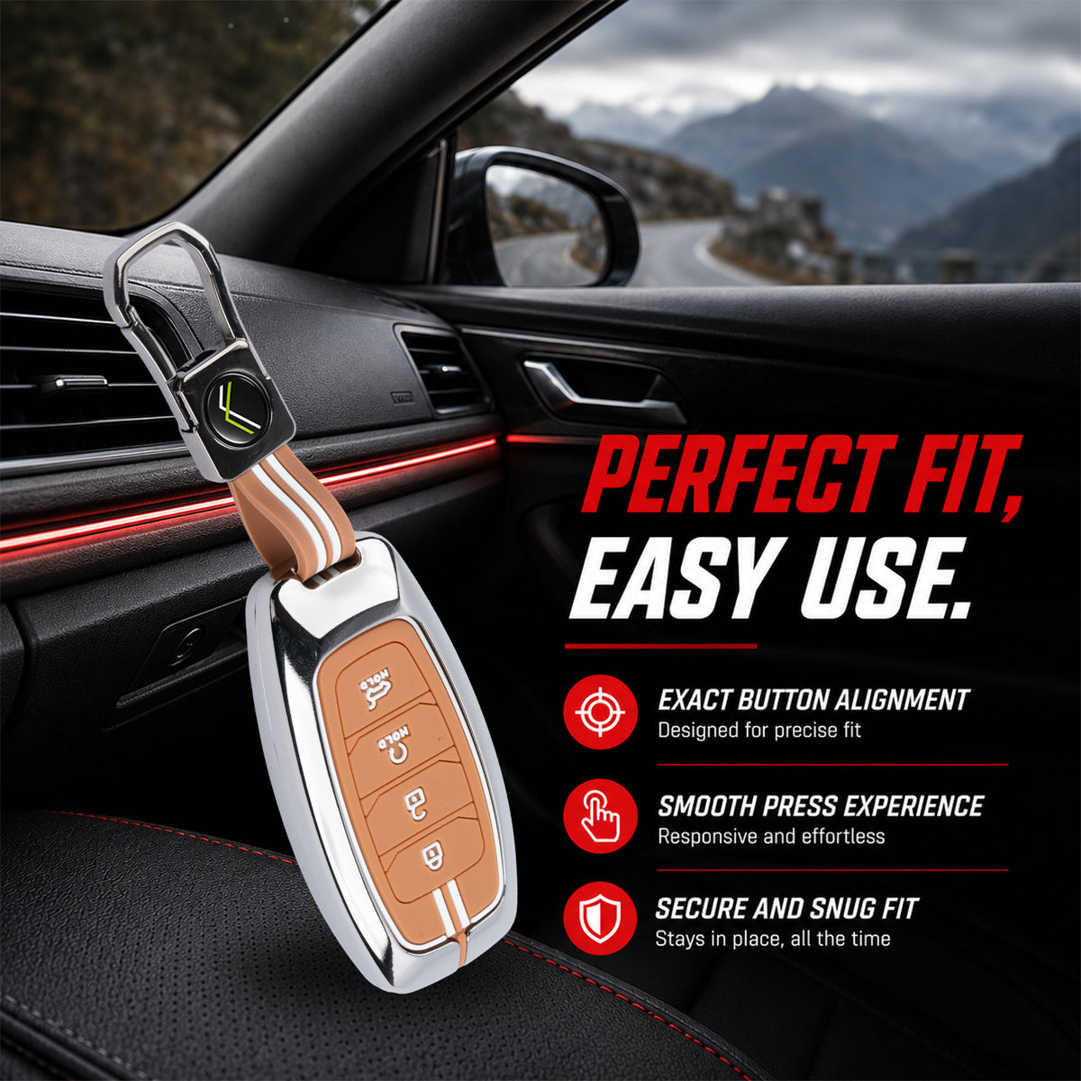 Metal Sapphire Key Cover With Key Chain Compatible with Hyundai: i20, Verna 2023 onwards (4 button smart key)