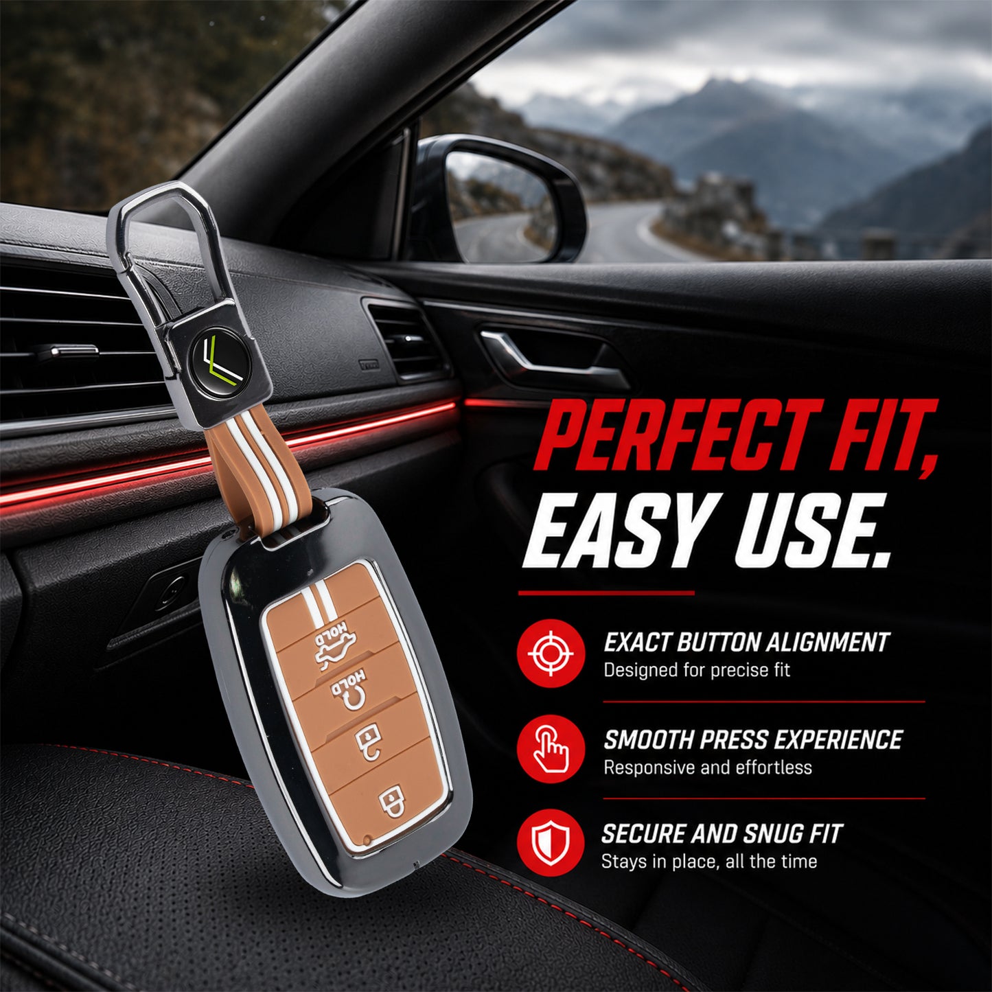 Metal Sapphire Key Cover With Key Chain Compatible with kia : Seltos, Sonet, Carens, Seltos x line, Carnival (4 button smart key)