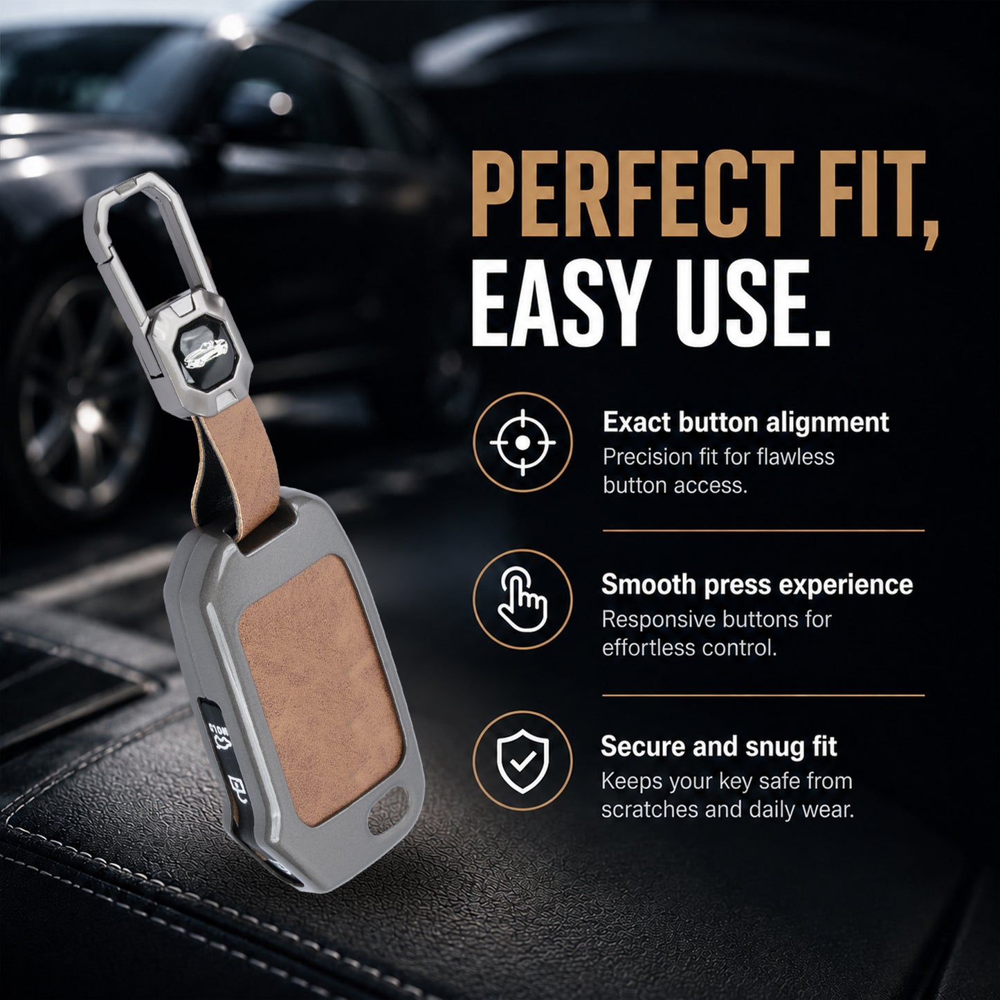 Metal Leather Brown Car Key Cover Compatible For kia : Seltos, Sonet, Carens, Carens Clavis  (3 Button Flip Key)