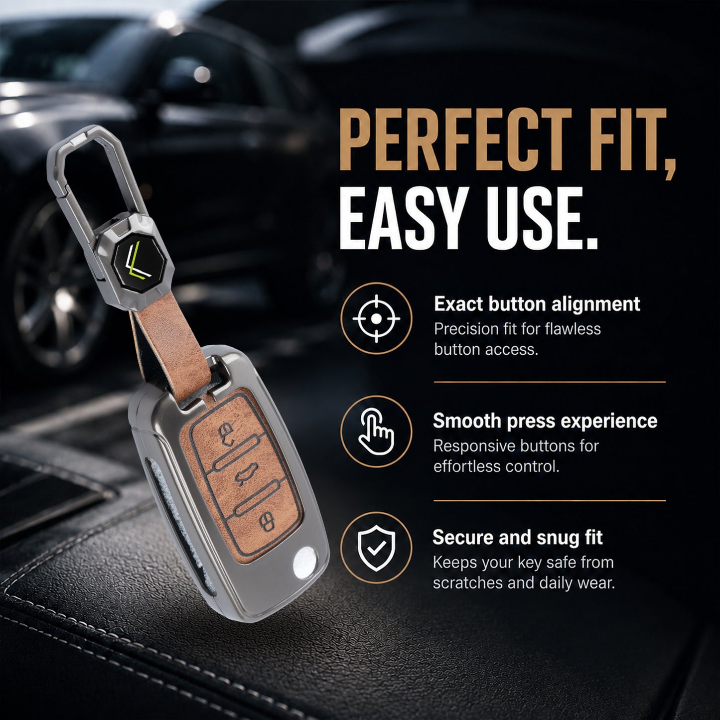 Metal Leather Brown Car Key Cover Compatible For Skoda : Octavia, Fabia, Laura, Superb, Rapid, Yeti & Volkswagen : Polo, Vento, Jetta, Ameo (3 Button Flip Key)