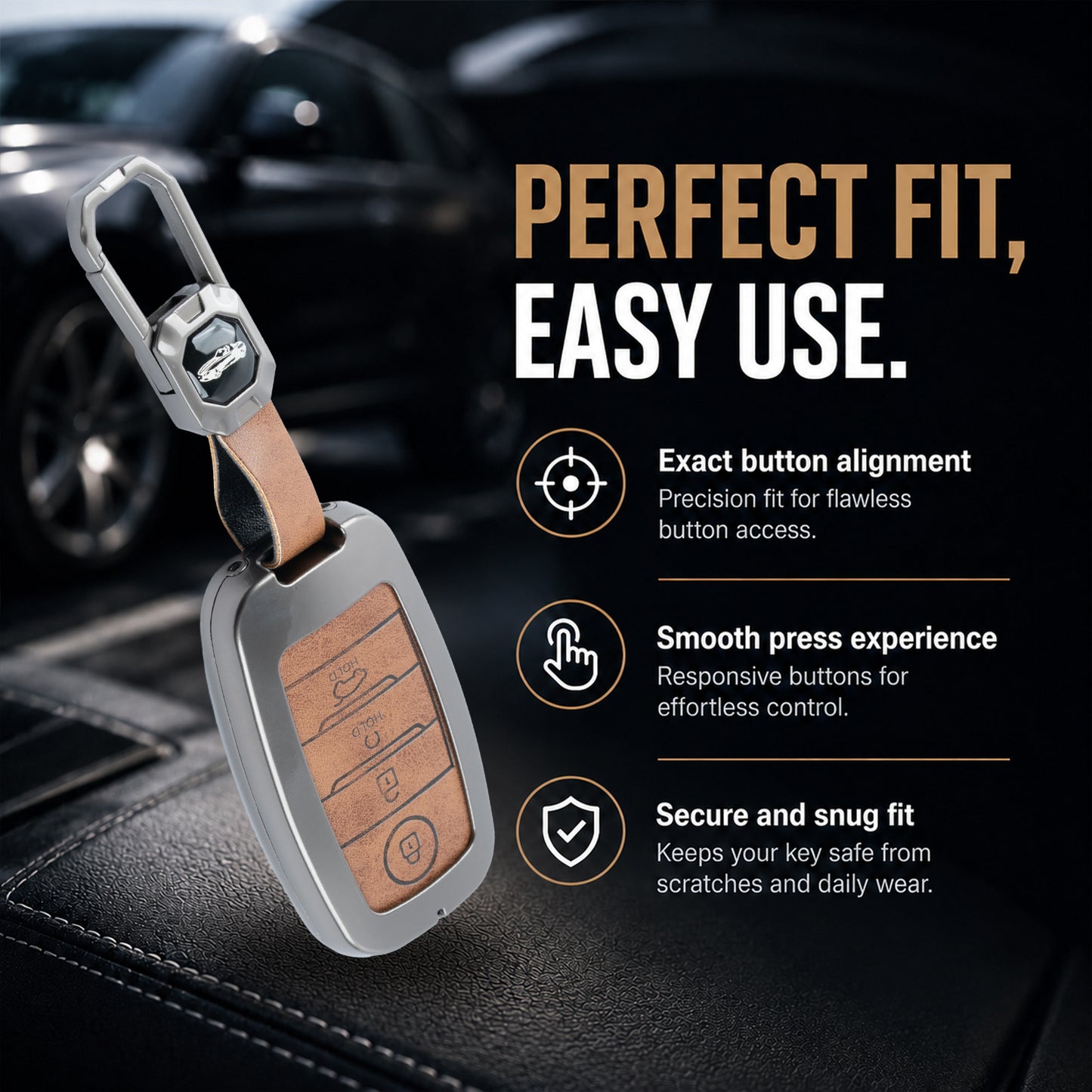 Metal Leather Brown kia : Seltos, Sonet, Carens, Seltos x line, Carnival (4 button smart key)