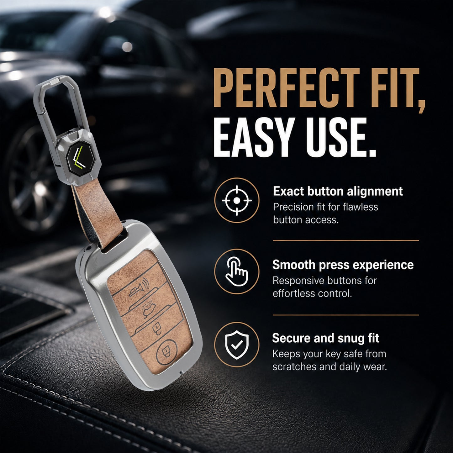 Metal Leather Brown Car Key Cover Compatible For Kia: Seltos, Sonet, Carens, Carnival (4 Button Smart Key)