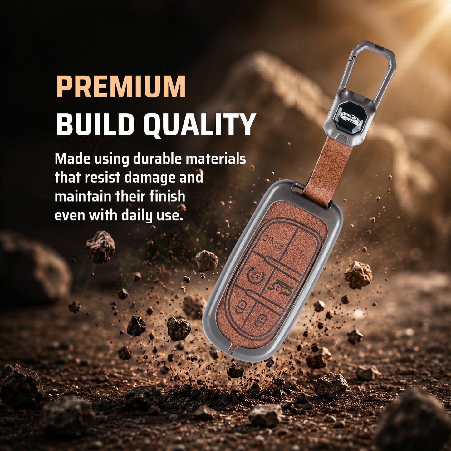 Metal Leather Brown Car Key Cover Compatible For Jeep Compass Smart Key