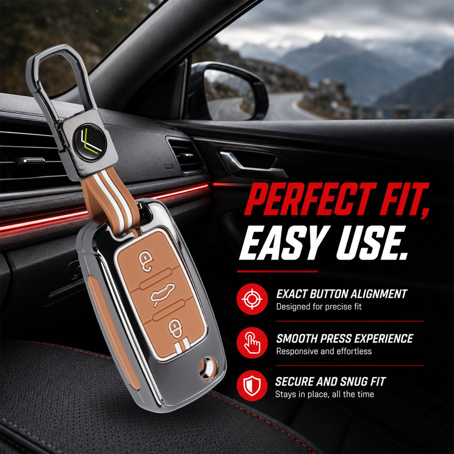 Metal Key Cover Compatible For Skoda : Octavia, Fabia, Laura, Superb, Rapid, Yeti & Volkswagen : Polo, Vento, Jetta, Ameo(3 Button Flip Key)