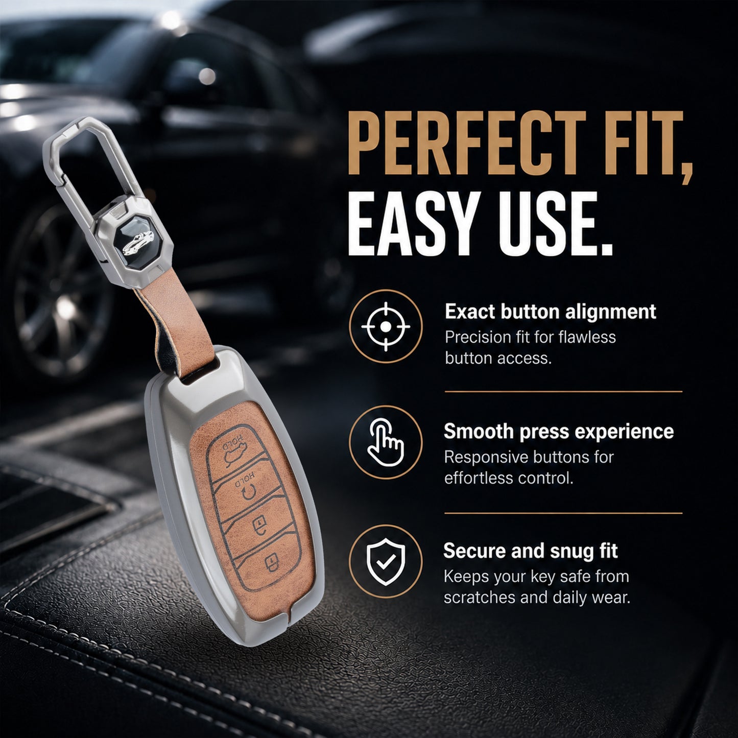 Metal Leather Brown Key Cover Compatible For Hyundai: i20, Verna 2023 onwards (4 button smart key)