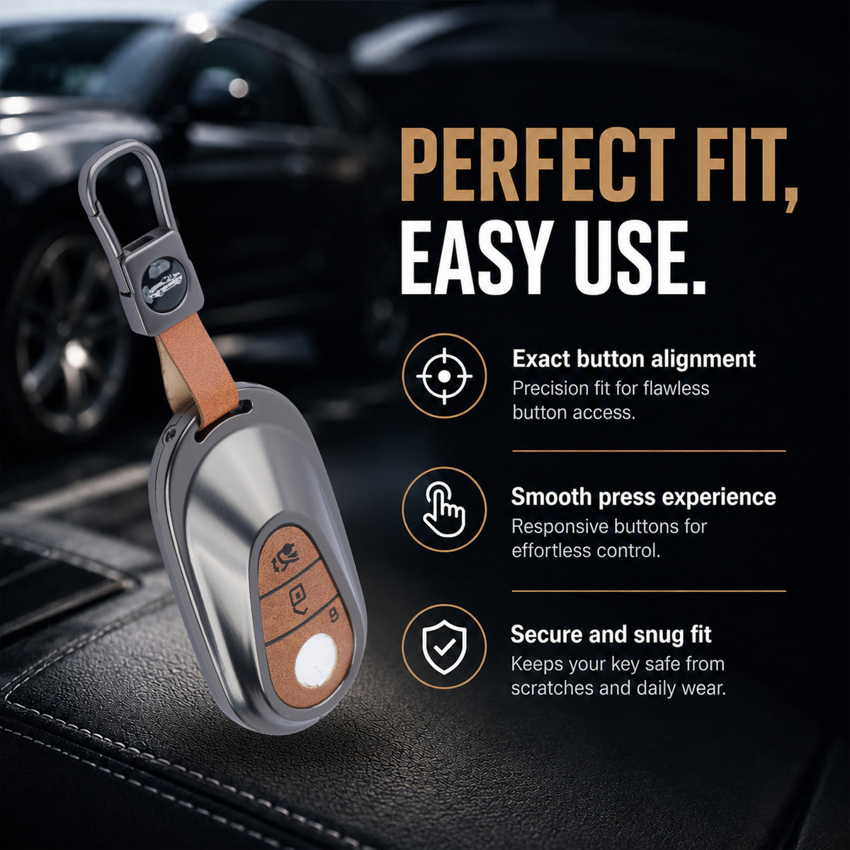 Metal Leather Car Key Cover Compatible For New Mercedes Benz Maybach | S Class | E Class (3 Button Smart Key)
