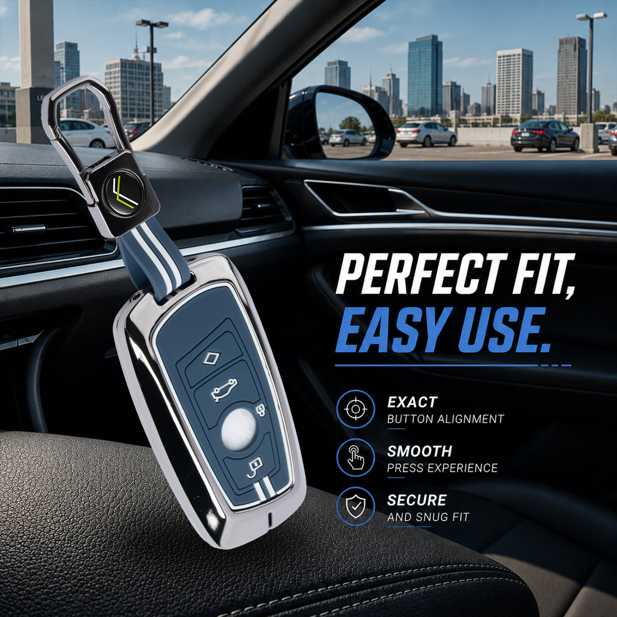Metal Key Cover With Key Chain Compatible with BMW X-Series | M-Series | 3-Series | 5-Series | 7-Series 4 Button Smart Key