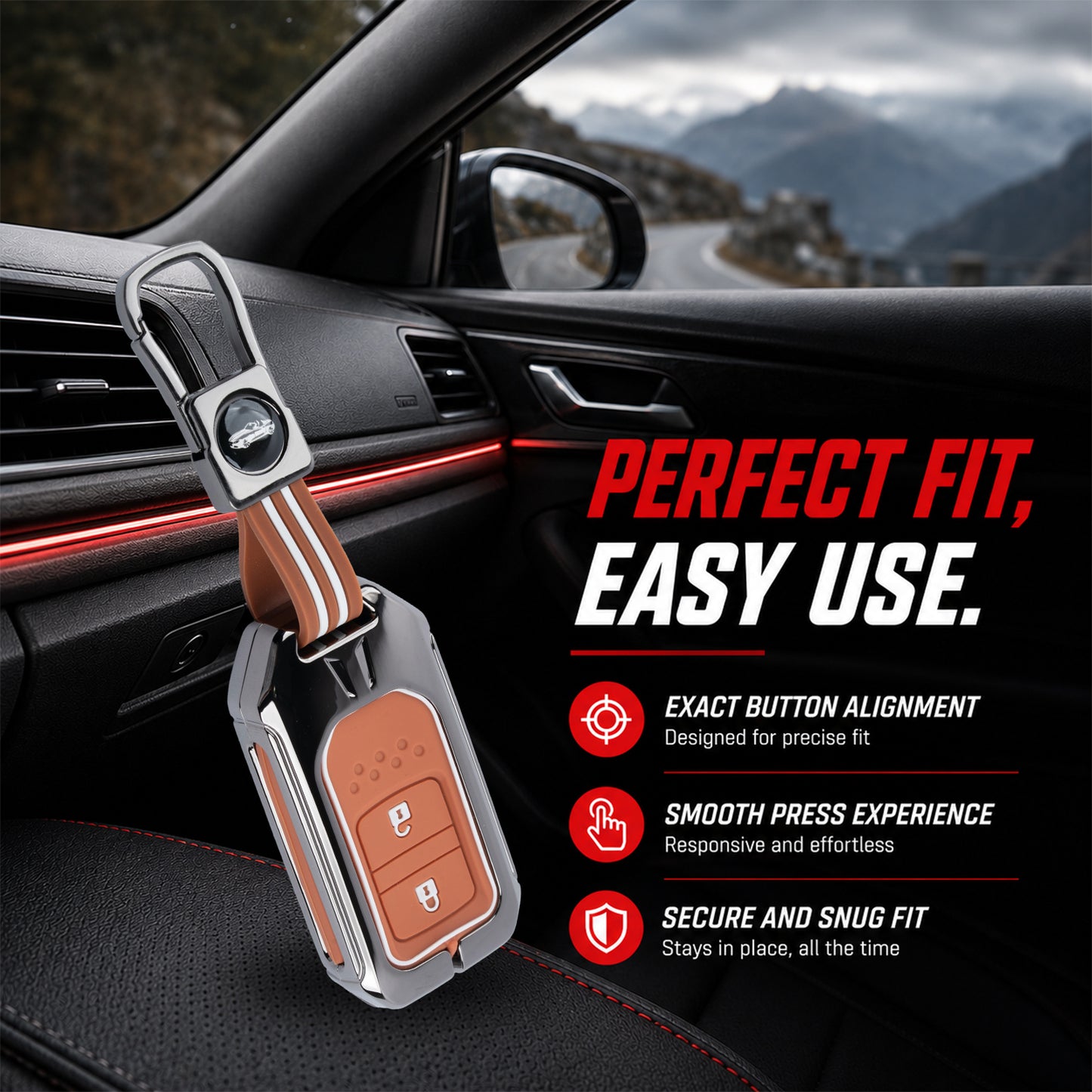 Metal Sapphire Key Cover With Key Chain Compatible with Honda: Elevate, City, Jazz, Amaze, Accord, BR-V, CR-V, WR-V, Civic (2 button smart key)