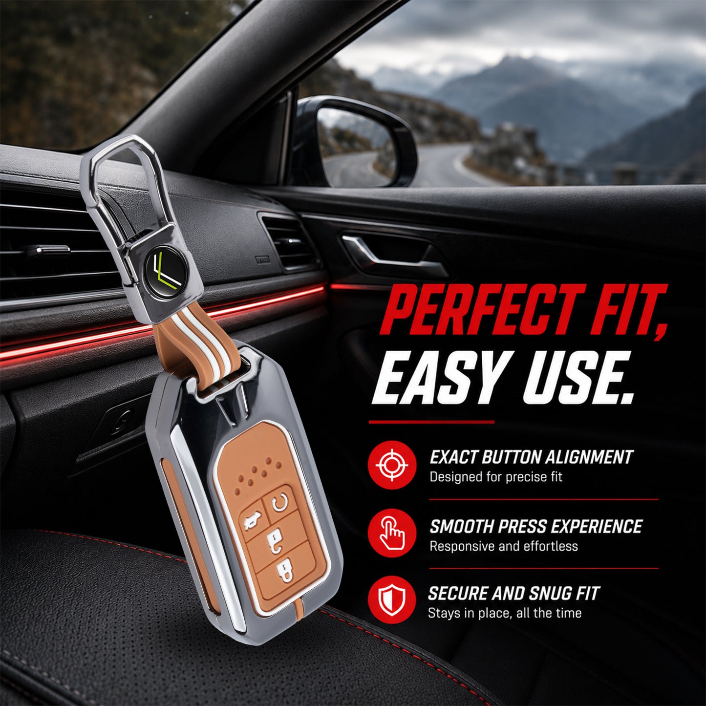 Metal Sapphire Key Cover With Key Chain Compatible with Honda : City, Civic, Jazz, Brio, Amaze, Cr-v, Wr-v, Br-v, Mobilio (4B Smart Key)