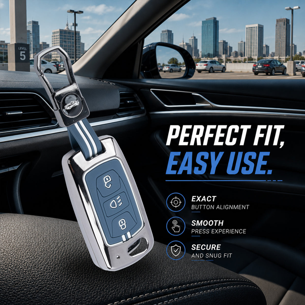 Metal Key Cover With Key Chain Compatible with Tata: Nexon, Harrier, Safari, Altroz, Punch, Tiago, Tigor, Zest, Bolt, Hexa (3 button Flip Key)