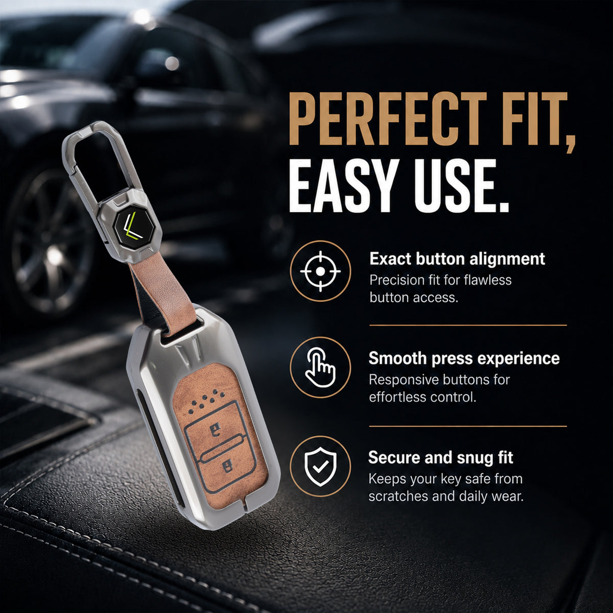 Metal Leather Brown Key Cover Compatible For Honda: Elevate, City, Jazz, Amaze, Accord, BR-V, CR-V, WR-V, Civic (2 button smart key)