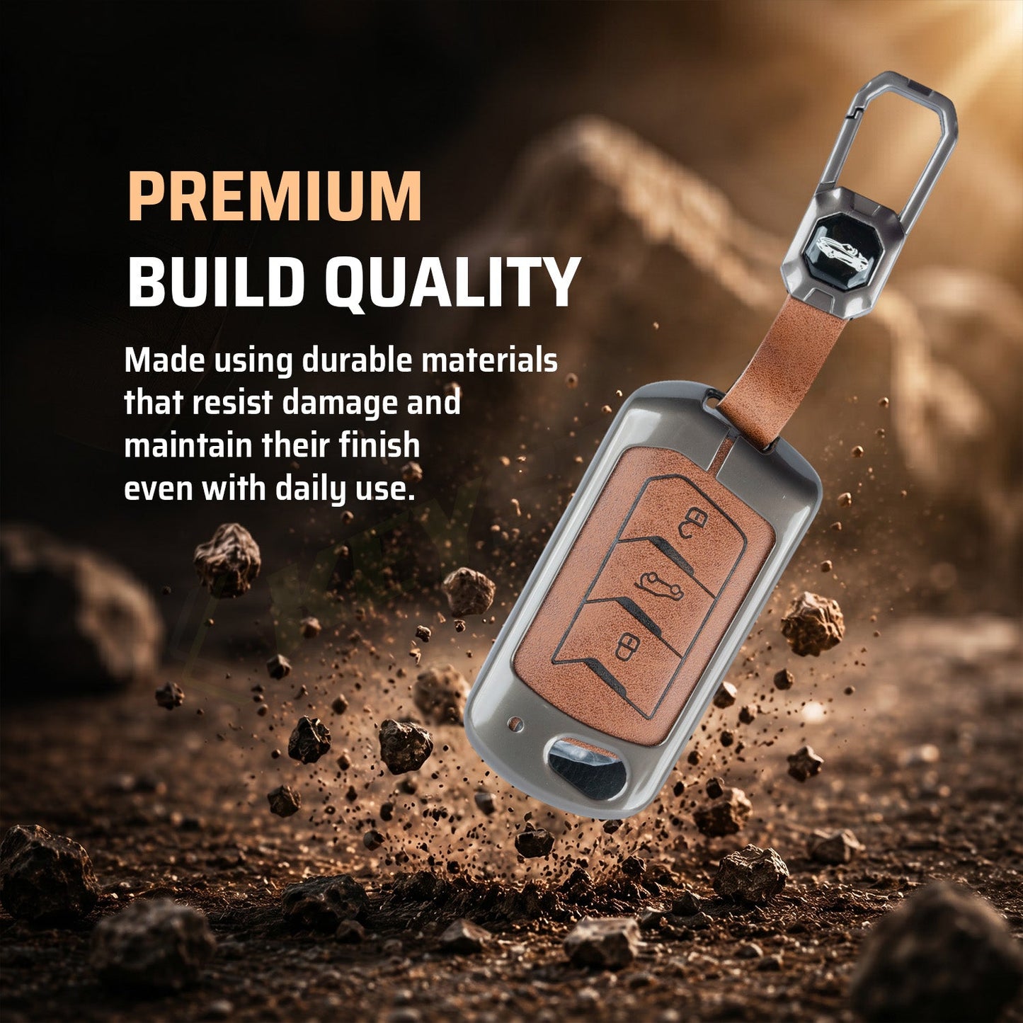 Metal Leather Brown Car Key Cover Compatible For Mahindra: Thar, Bolero, Scorpio, Scorpio-N, XUV700, XUV400, XUV3x0, XUV300, TUV300, Marazzo (3 button flip key)