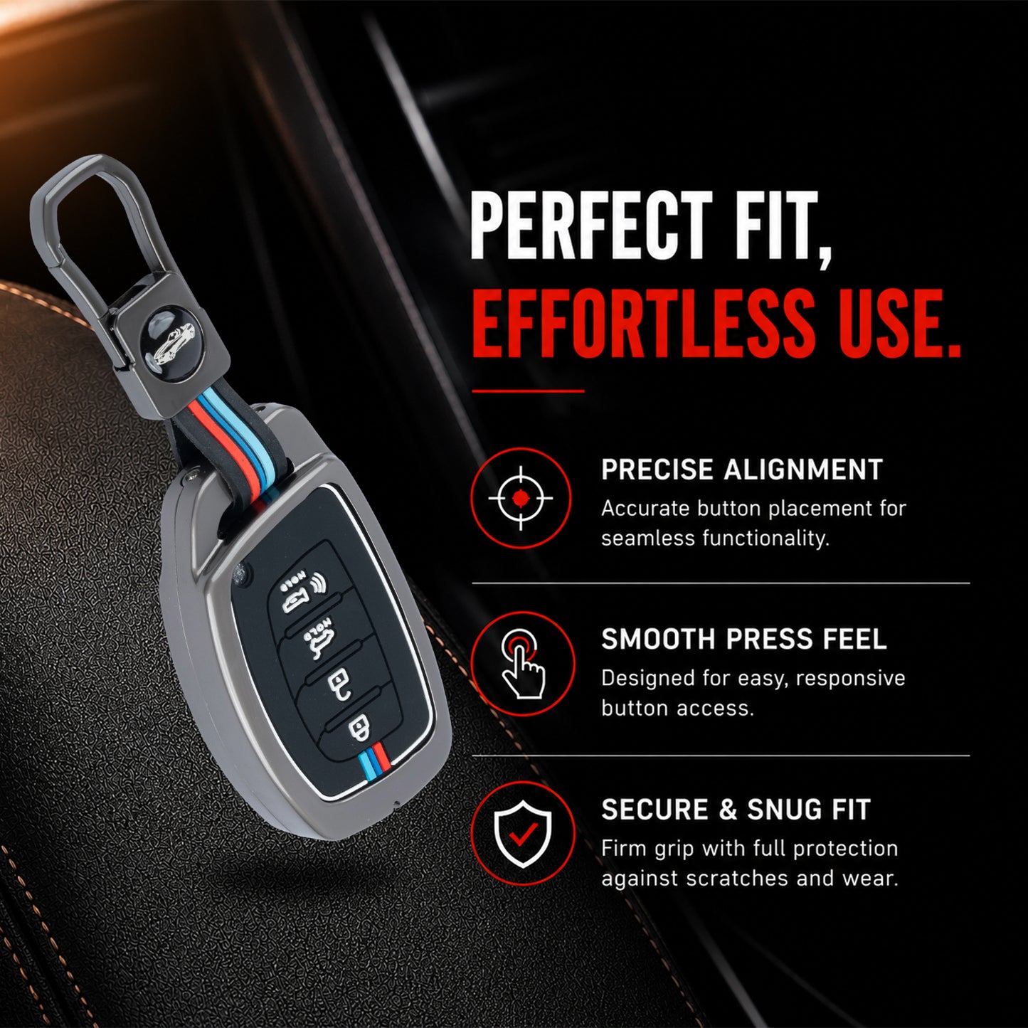 Metal Silicone Key Cover Compatible for Hyundai: i20, Creta, Venue, Tucson, Alcazar, Grand i10, Verna, Xcent, Aura, Elantra (4 button Smart Key)