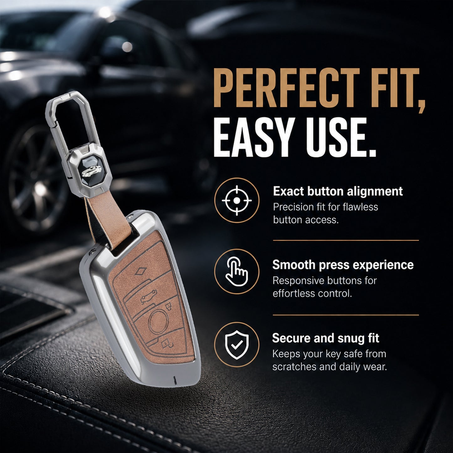 Metal Leather Brown Car Key Cover Compatible For BMW X1, X3, X6, X5, 5 Series, 6 Series, 7 Series