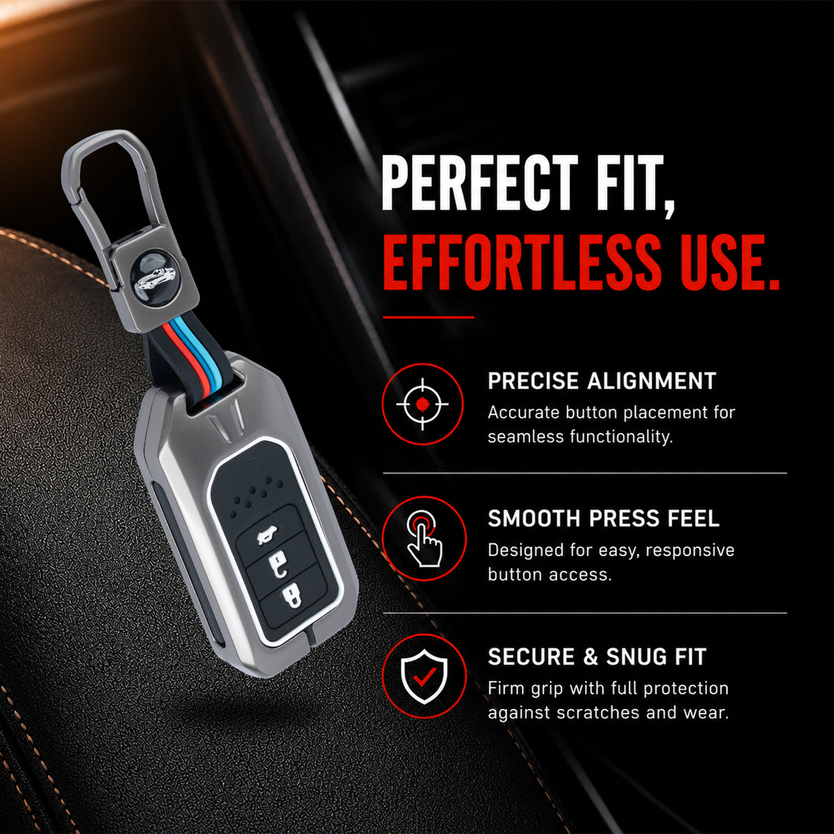 Metal Silicone Key Cover Compatible For Honda: City, Civic, Jazz, Brio, Amaze, Cr-v, Wr-v, Br-v, Mobilio 3 Button Smart Key