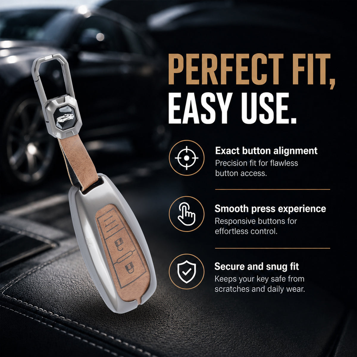 Metal Leather Brown Car Key Cover Compatible For  Suzuki: Baleno, Ciaz, Ignis, S-Cross, Grand Vitara, Brezza & Toyota Urban Cruiser (3 Button smart key)