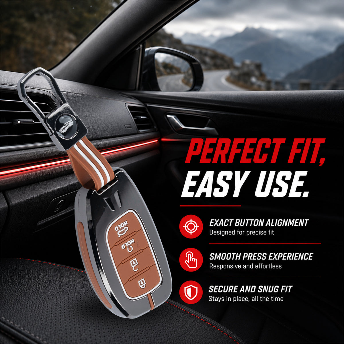 Metal Sapphire Key Cover With Key Chain Compatible with Hyundai: Alcazar, Creta 2021 onwards (4 button smart key)