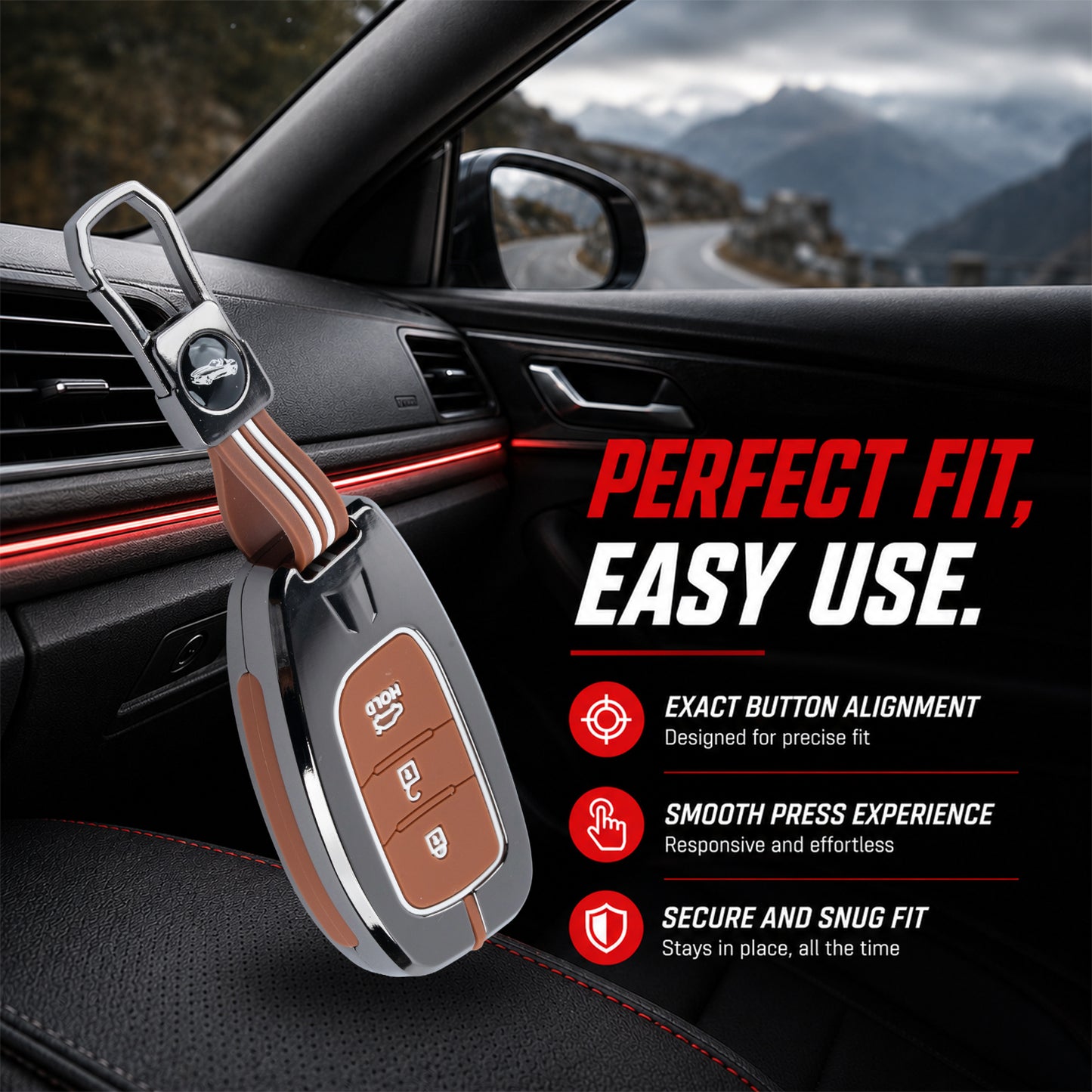 Metal Key Cover Compatible For Hyundai: i20, Creta, Venue, Tucson, Alcazar, Verna, Xcent, Aura, Elantra, Nios, I-10 Grand,Exter (3 Button Smart Key)