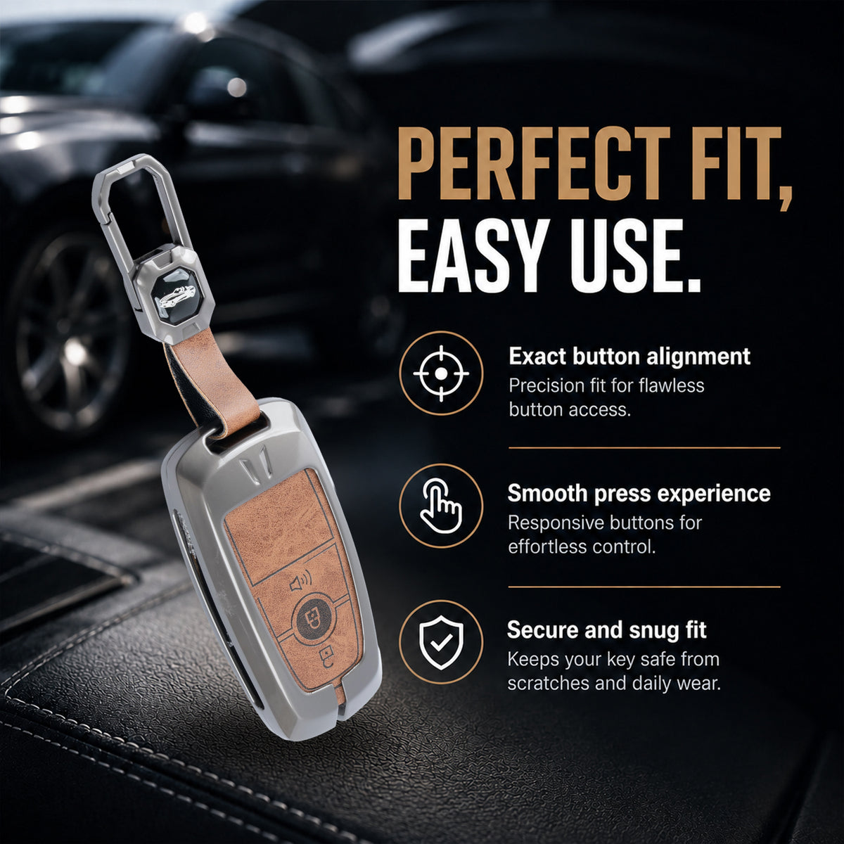 Metal Leather Car Key Cover Compatible For Ford : Figo, Aspire, Ecosport, Endeavour | 3 button Smart Key