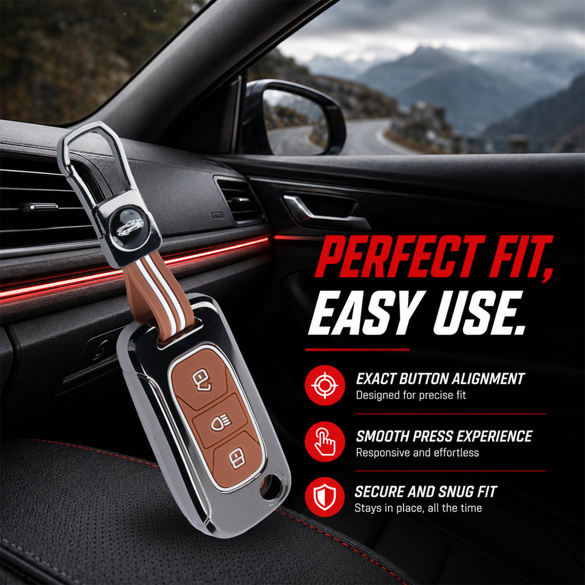 Metal Key Cover With Key Chain Compatible with Tata: Nexon, Harrier, Safari, Altroz, Punch, Tiago, Tigor, Zest, Bolt, Hexa (3 button Flip Key)