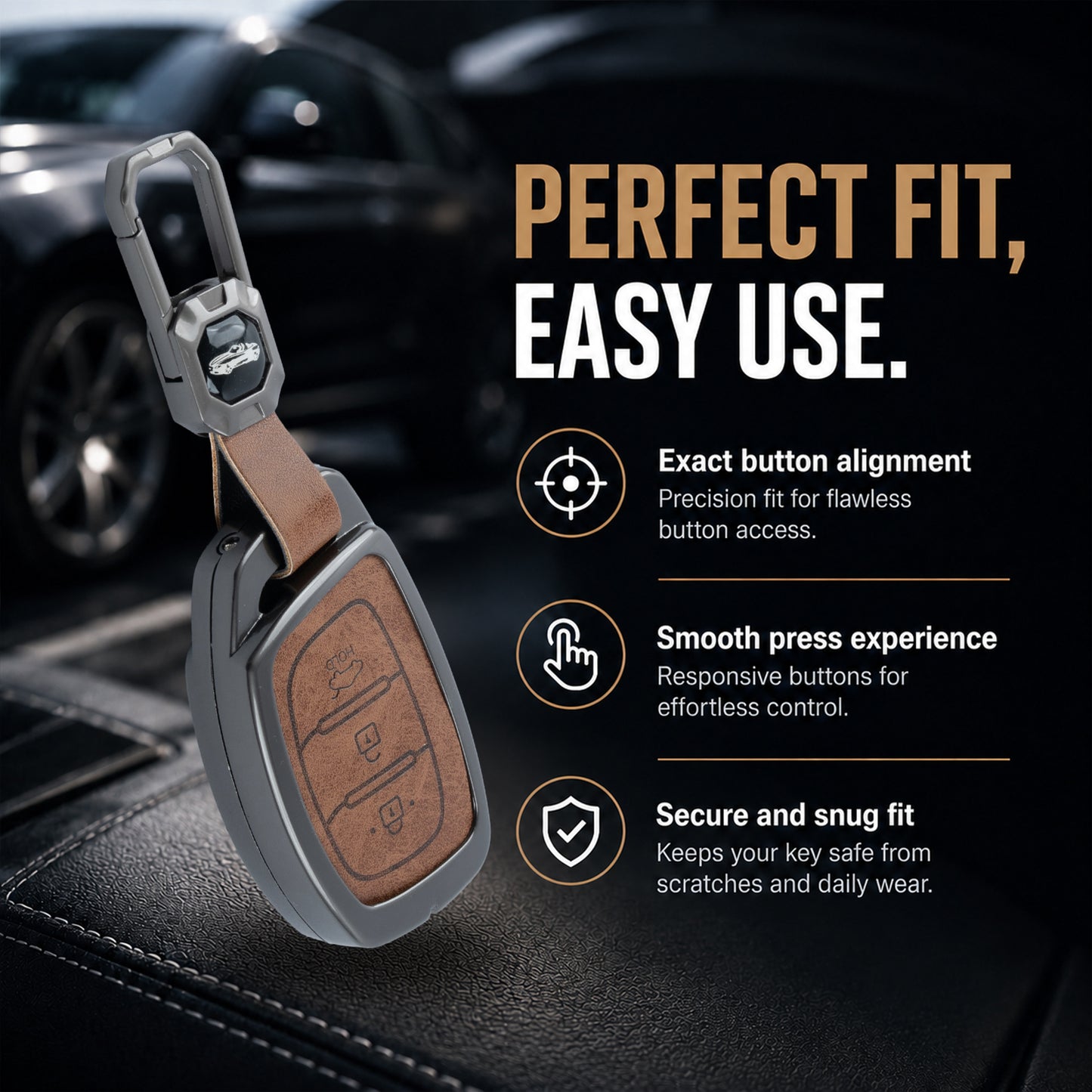 Metal Leather Brown Key Cover Compatible For Hyundai: i20, Creta, Venue, Tucson, Alcazar, Verna, Xcent, Aura, Elantra, Nios, I-10 Grand,Exter