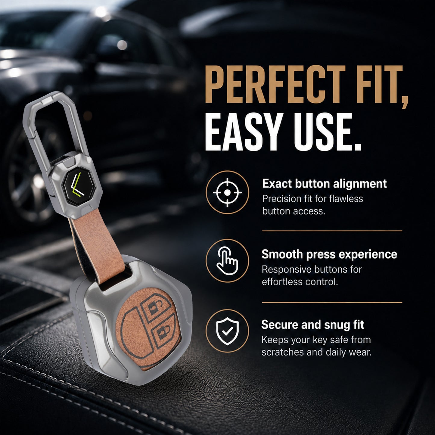 Metal Leather Car Key Cover Compatible For Suzuki: Swift, Dzire, Grand Vitara, Fronx, Jimny, XL6, Ignis, Ertiga, Baleno, Vitara Brezza, Celerio, Ciaz