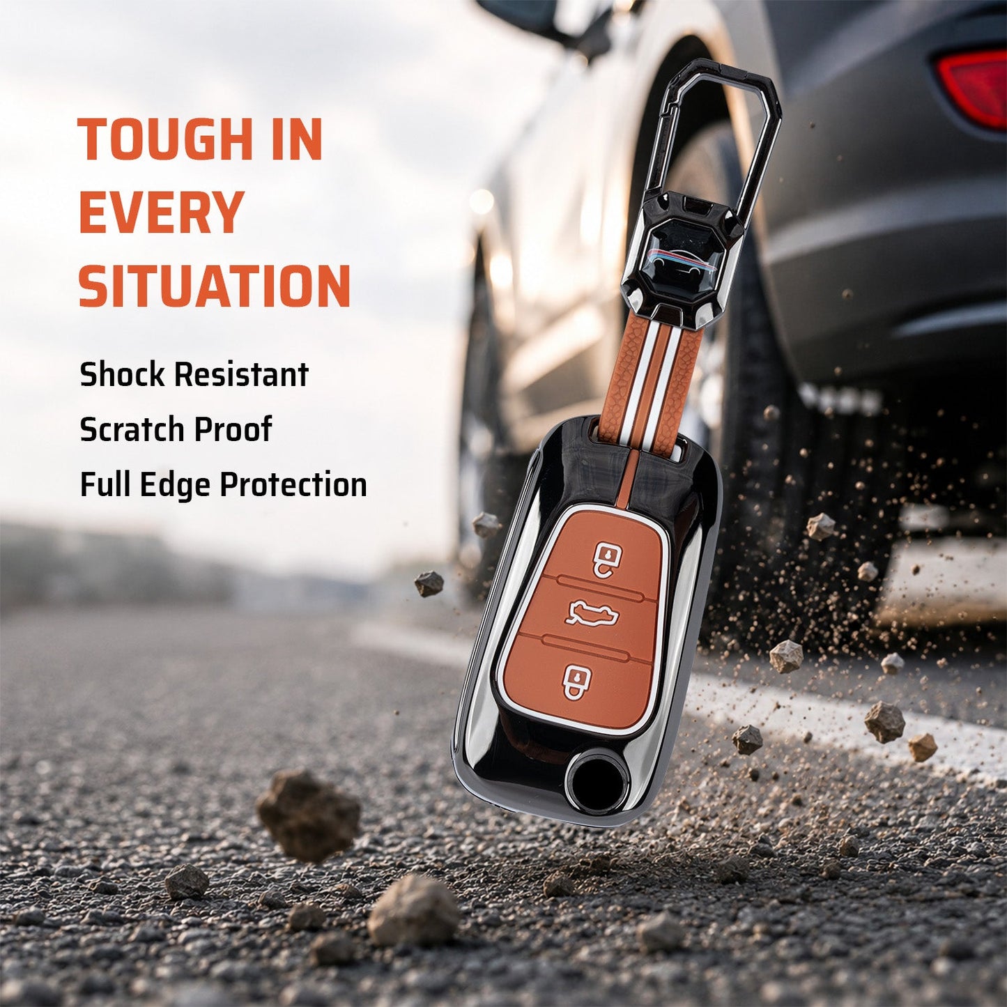 Metal Sapphire Key Cover With Key Chain Compatible For Hyundai Old Verna | Old Elentra | Old i20 | Old i10 (3 button Flip Key)