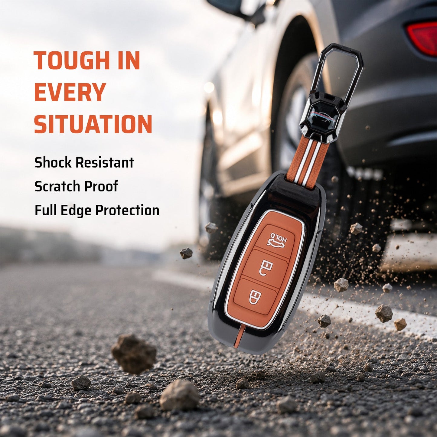 Metal Sapphire Key Cover With Key Chain Compatible with Hyundai : i20, Kona, Verna 2018 onwards (3 button smart key)