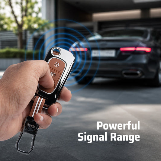 Metal Key Cover With Key Chain Compatible with Tata: Nexon, Harrier, Safari, Altroz, Punch, Tiago, Tigor, Zest, Bolt, Hexa (3 button Flip Key)
