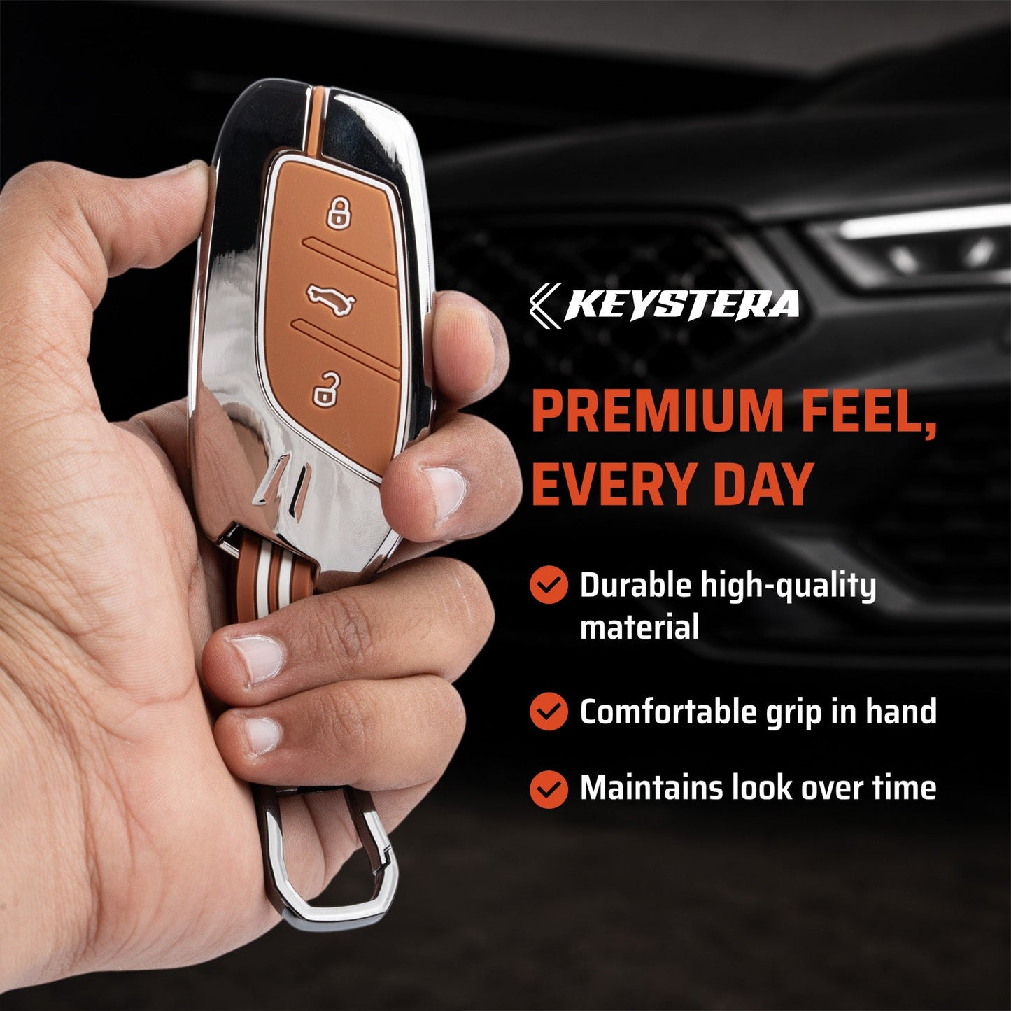 Metal Sapphire Key Cover With Key Chain Compatible with MG Astor, MG ZS EV (3 Button smart key)