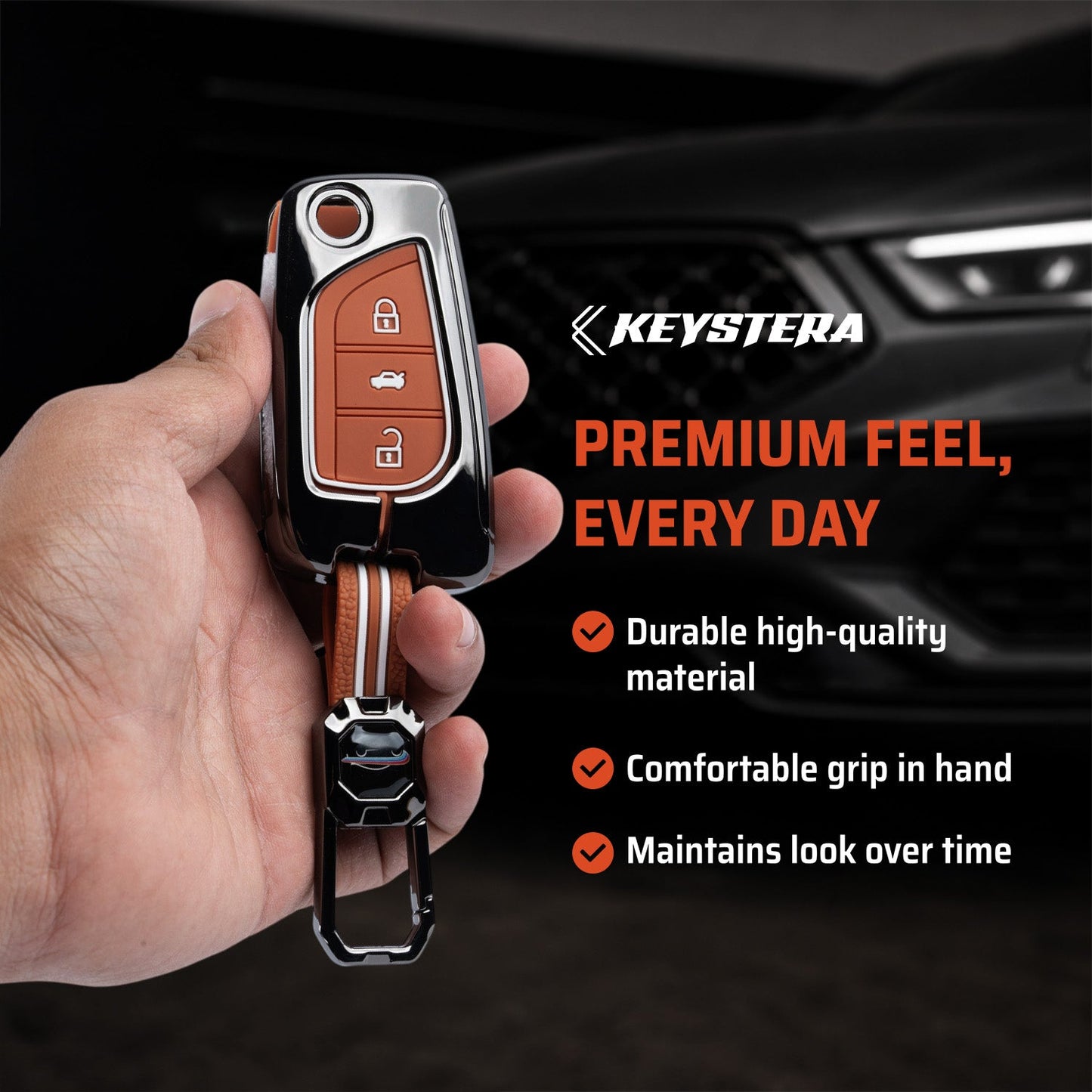 Metal Sapphire Key Cover With Key Chain Compatible with Toyota: Innova Crysta, Corolla Altis. (3 button flip key)