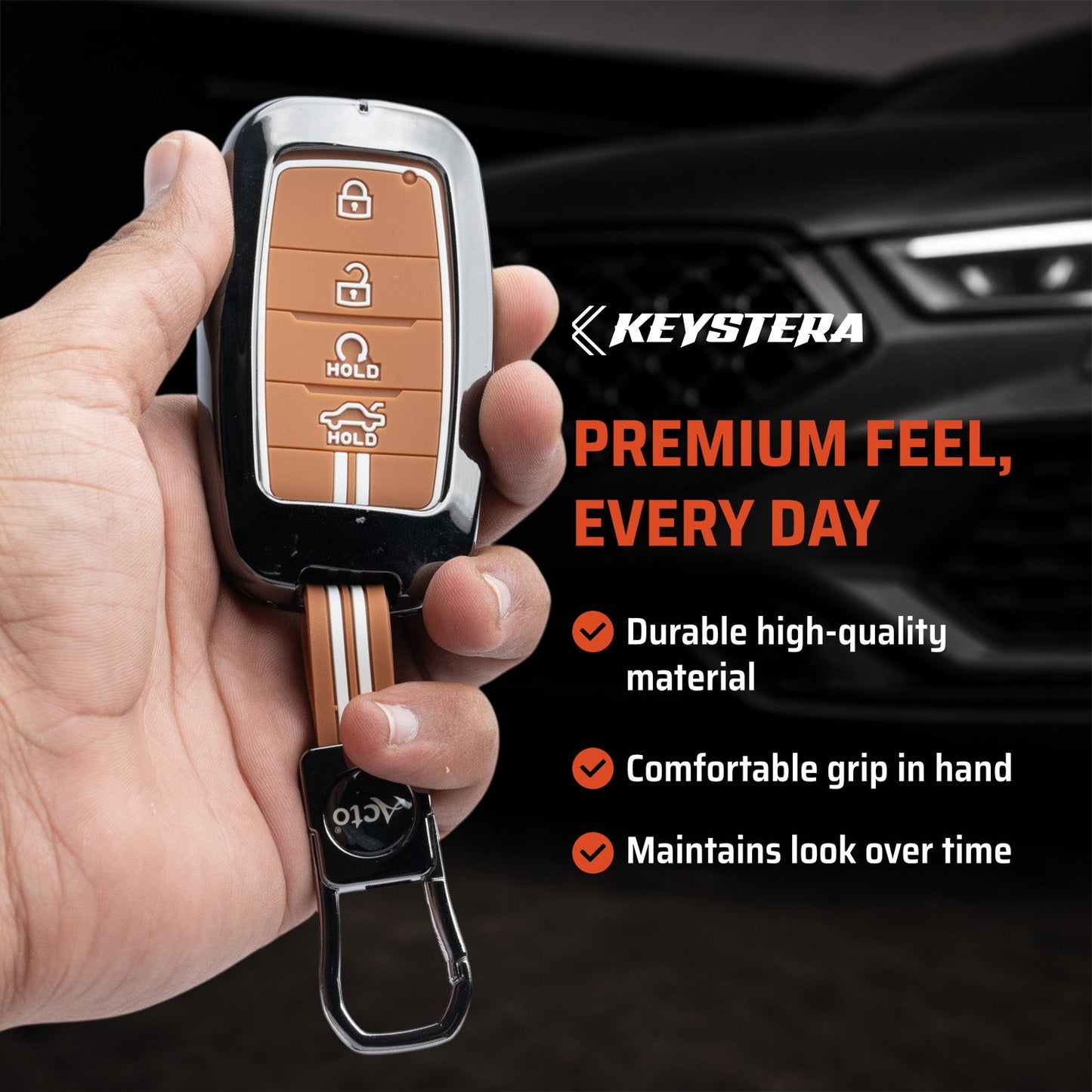 Metal Sapphire Key Cover With Key Chain Compatible with kia : Seltos, Sonet, Carens, Seltos x line, Carnival (4 button smart key)