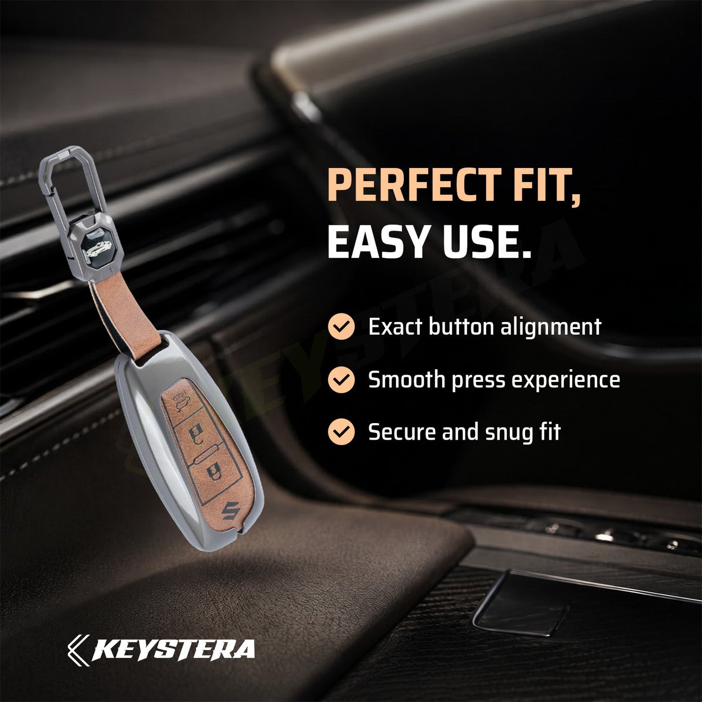 Metal Leather Brown Car Key Cover Compatible For Suzuki: Baleno, Ciaz, Grand Vitara, Brezza, S Cross, Swift, Ignis, XL6, Fronx, Jimny, Grand Vitara