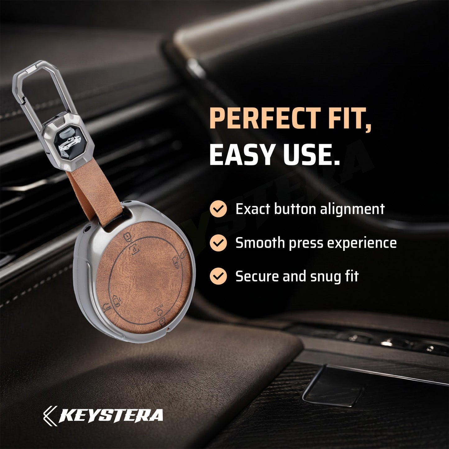 Metal Leather Brown Car Key Cover Compatible For TATA Harrier EV 4 button Smart Key.