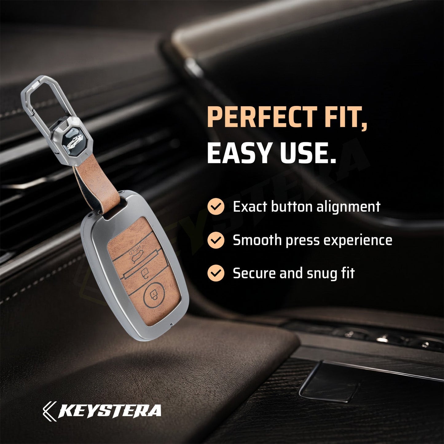Metal Leather Brown Car Key Cover Compatible For Kia Seltos, Kia Sonet,Kia Carens,Kia Carnival (3 Button Smart Key)